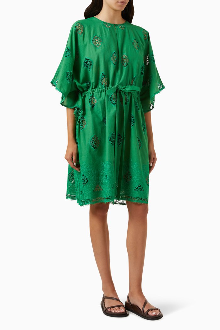 

Cutout Mini Kaftan in Cotton, Green