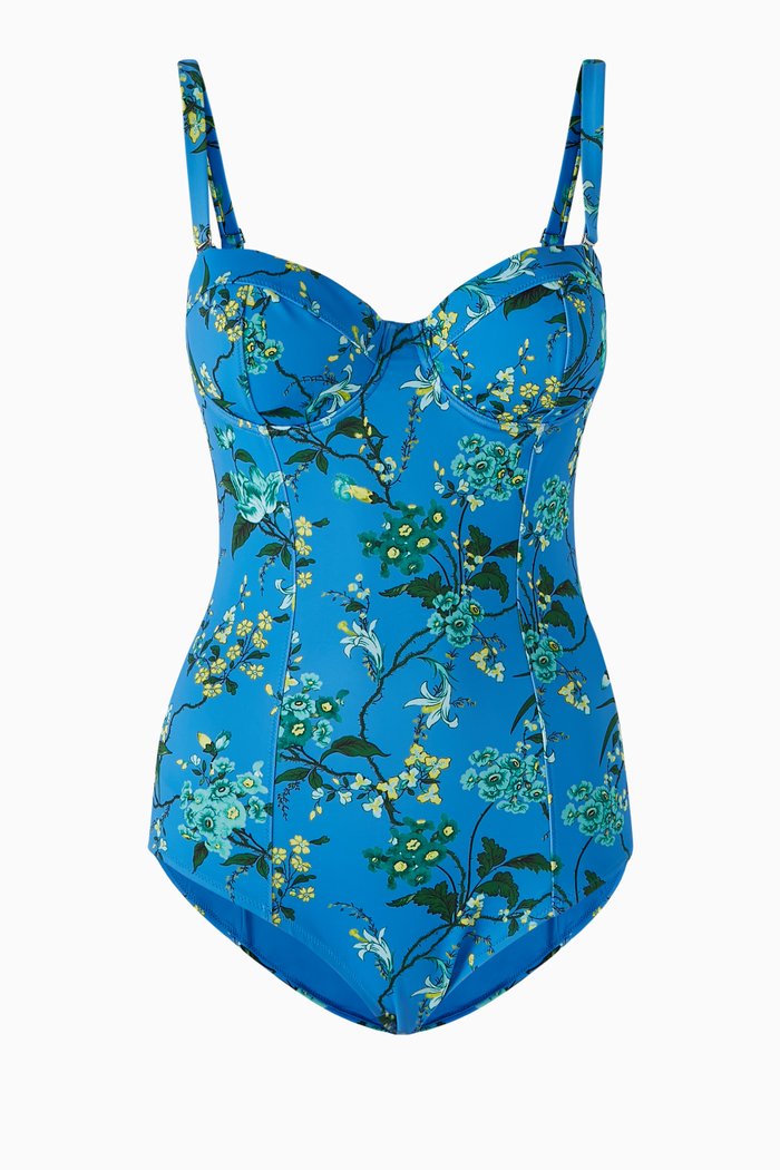 Floral-print One-piece Swimsuit in Lycra, Blue