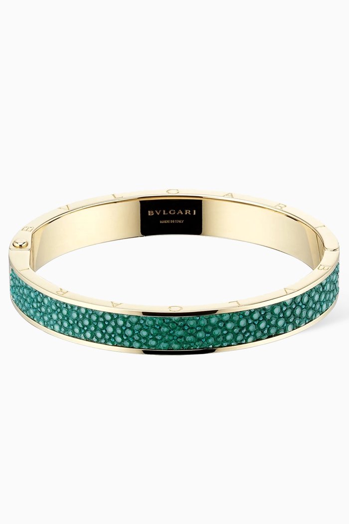 

Hinged Logo Bangle in Brass, Green