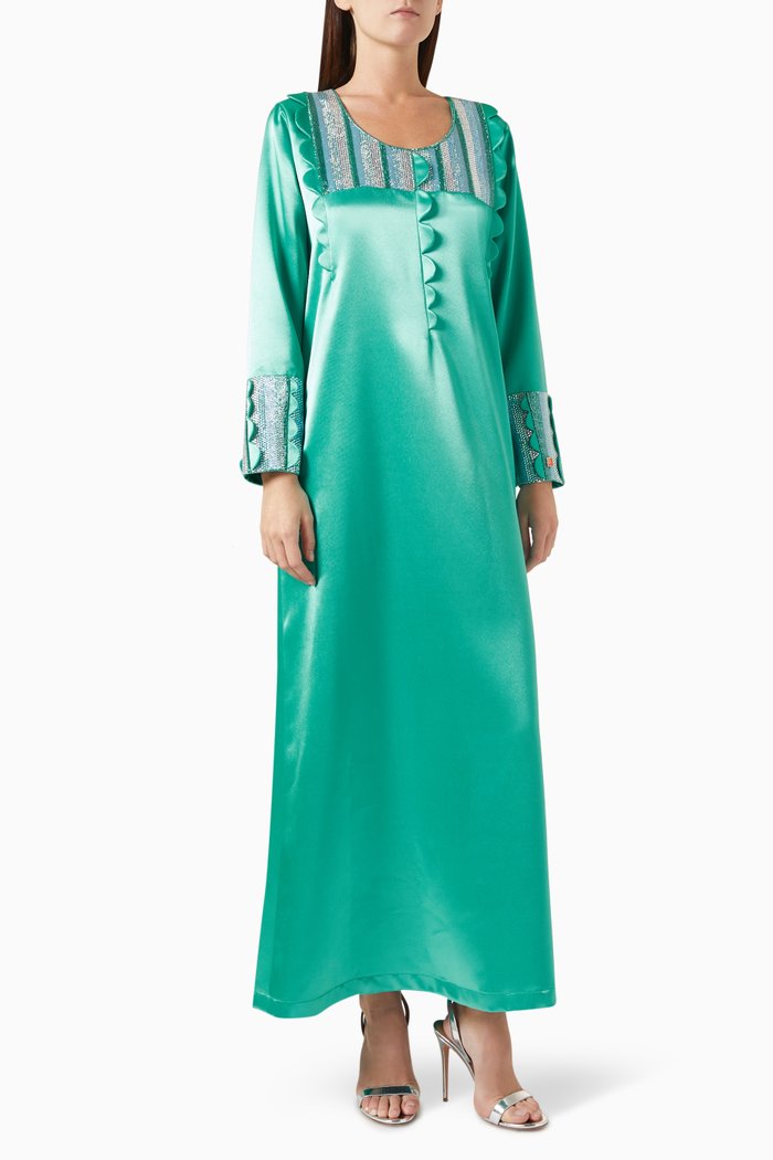 Embellished Jalabiya in Satin, Blue