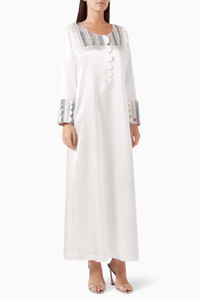 Embellished Jalabiya in Satin, White