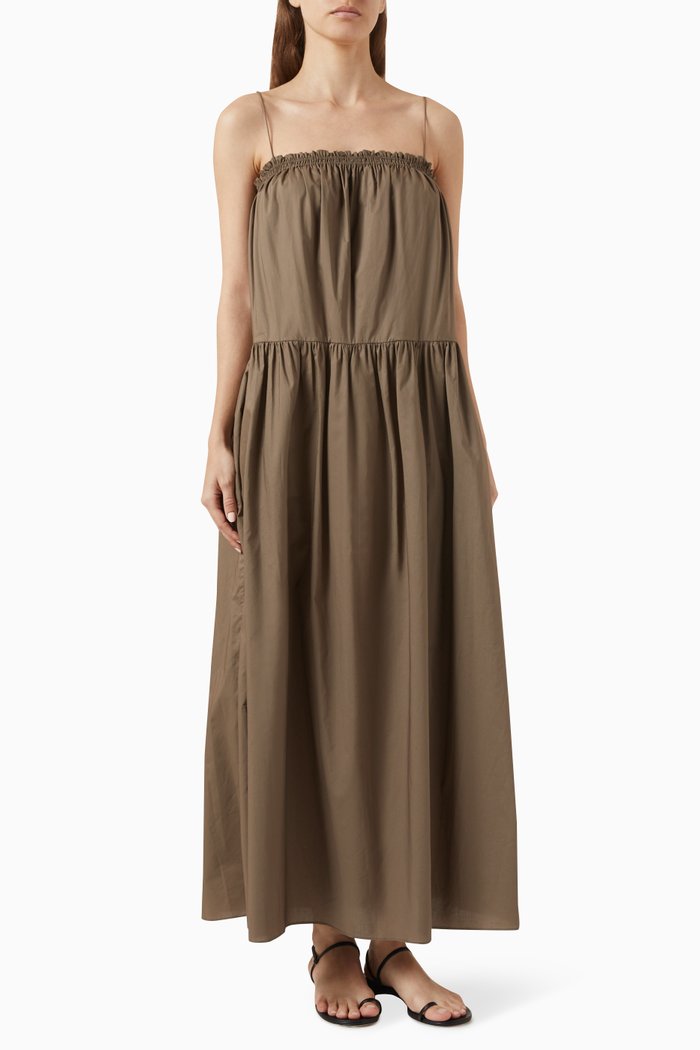 

Gathered Single-tier Sundress in Organic Cotton-poplin, Green