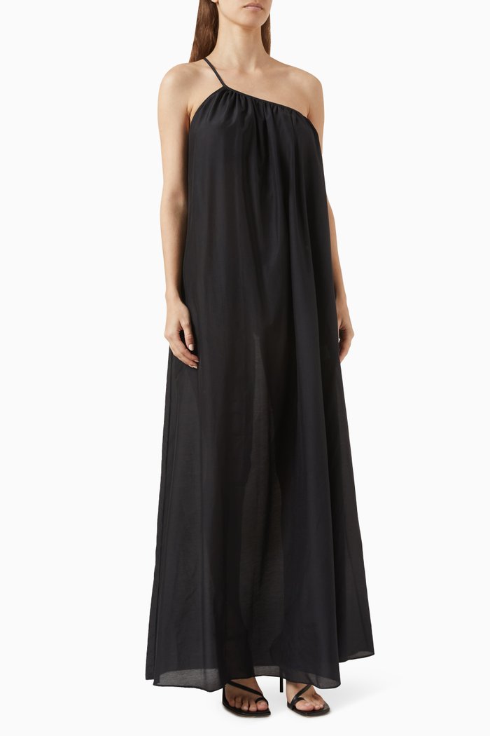 One-shoulder Maxi Dress in Organic Cotton-silk, Black
