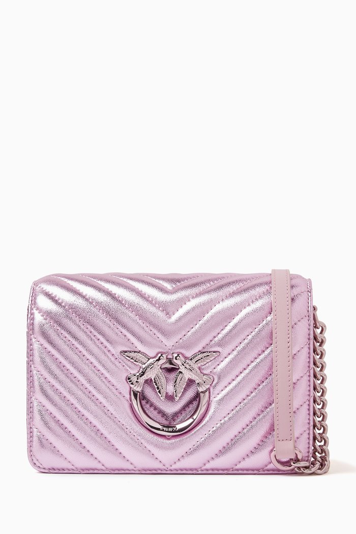 

Mini Love Click Chevron-quilted Shoulder Bag in Metallic Leather, Pink