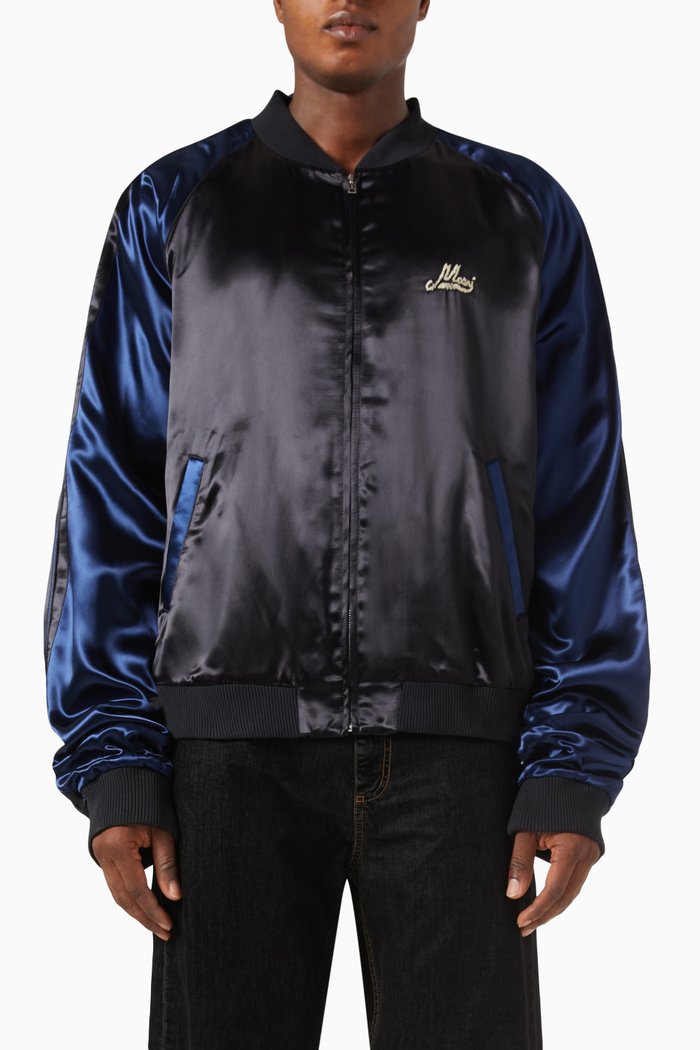 

Beaded Logo Bomber Jacket in Satin, Black