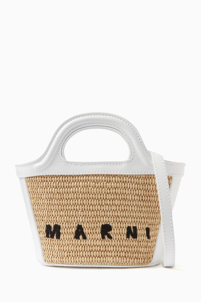 

Micro Tropicalia Tote Bag in Leather & Raffia-effect Fabric, Brown