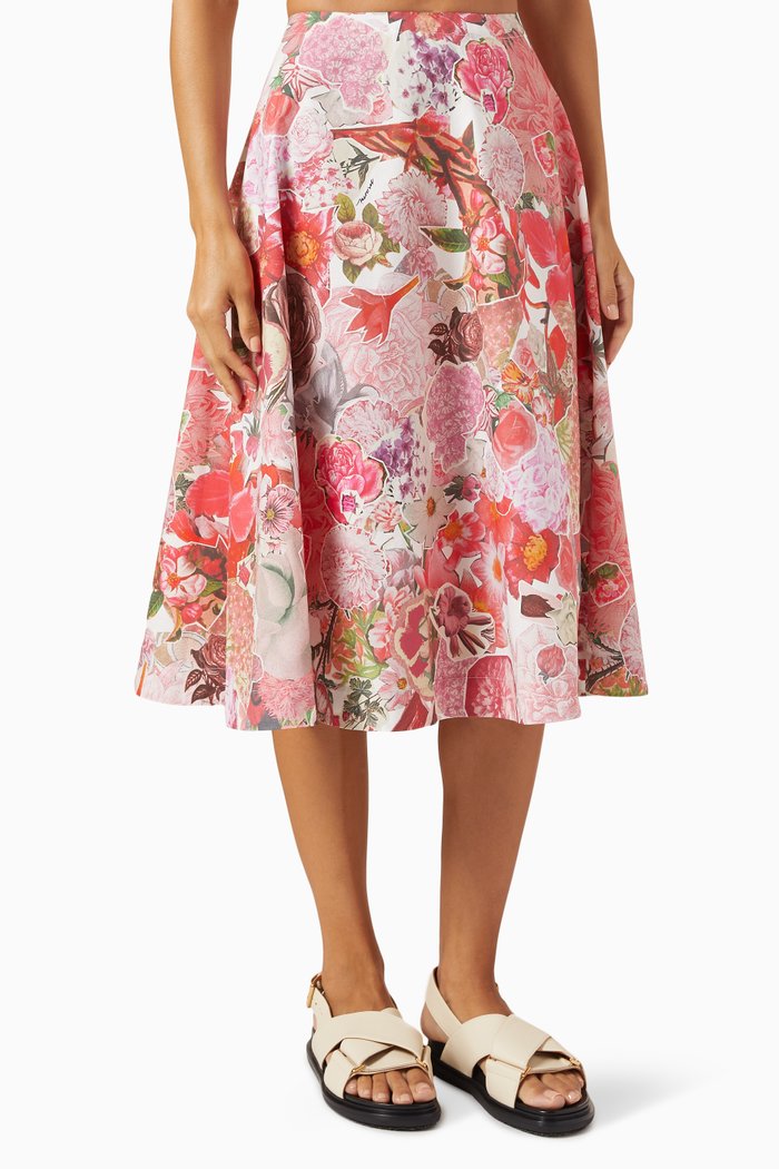 Floral-print Midi Skirt in Cotton, Pink