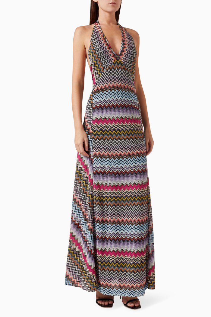 Chevron Halterneck Maxi Dress in Viscose-blend Knit, Black