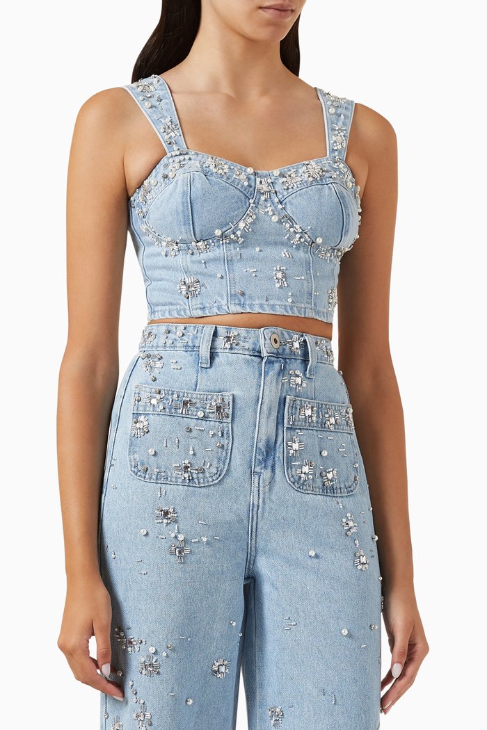 

Hand-beaded Bustier Top in Denim, Blue