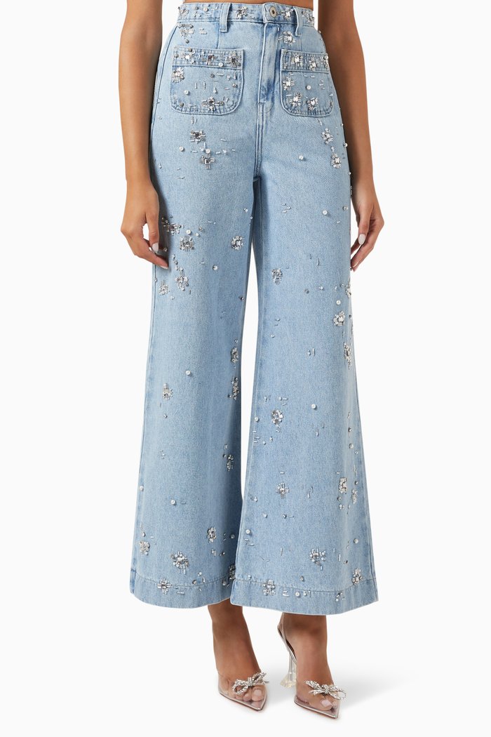 

Hand-beaded Wide-leg Jeans in Denim, Blue