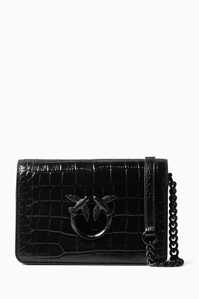 Mini Love Click Shoulder Bag in Croc-embossed Leather, Black