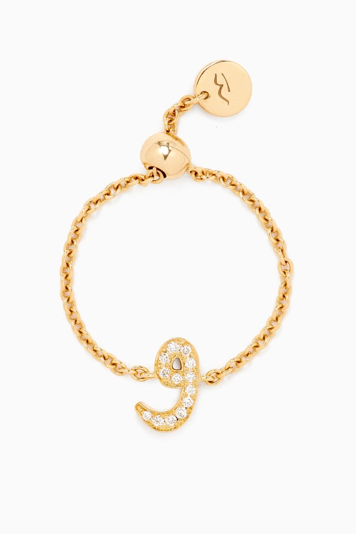 Initial "W" Adjustable Chain Ring in 18kt Yellow Gold
