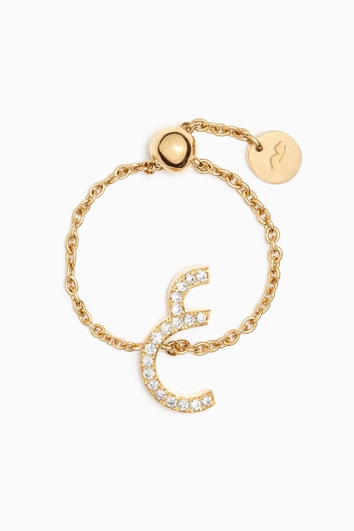 

Arabic Letter Initial "3ein" Adjustable Chain Ring in 18kt Yellow Gold