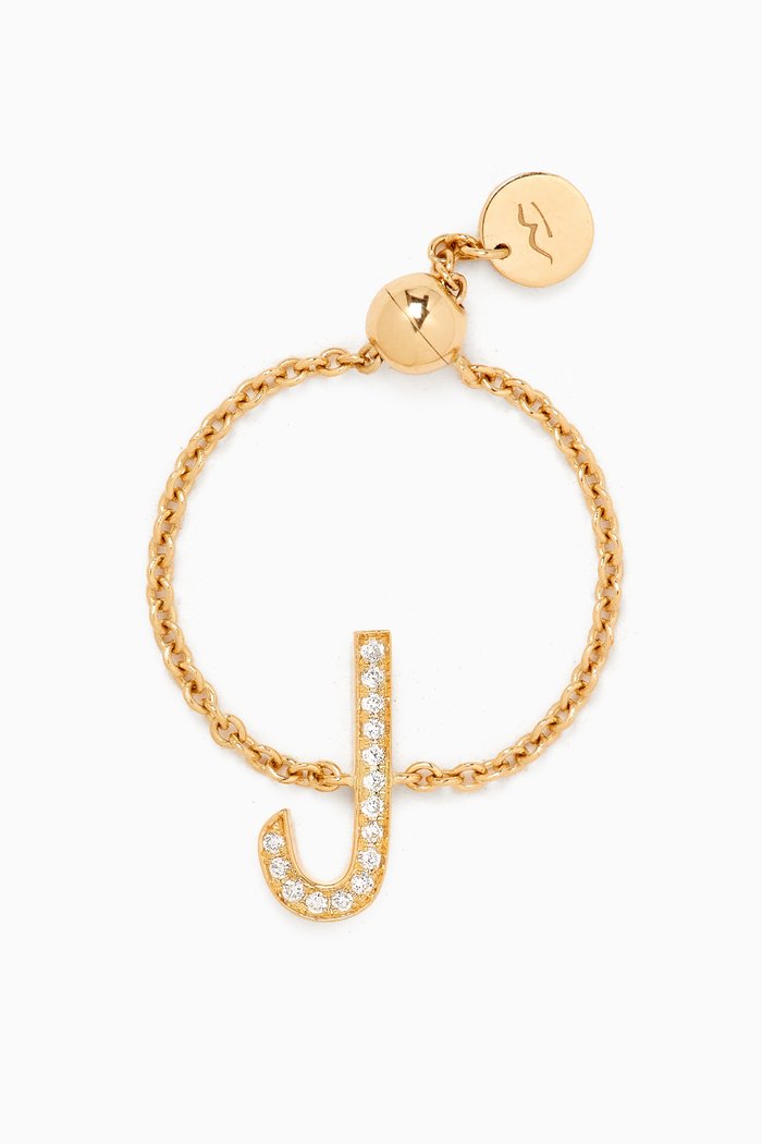Arabic Letter Initial "L" Adjustable Chain Ring in 18kt Yellow Gold