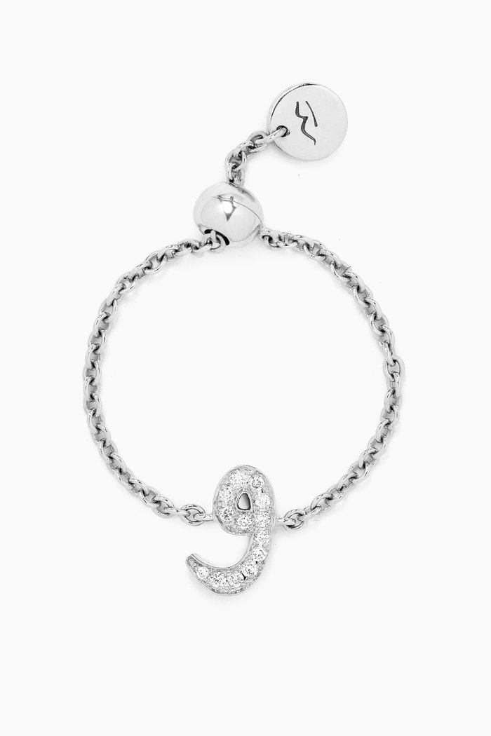 

Initial "W" Adjustable Chain Ring in 18kt White Gold