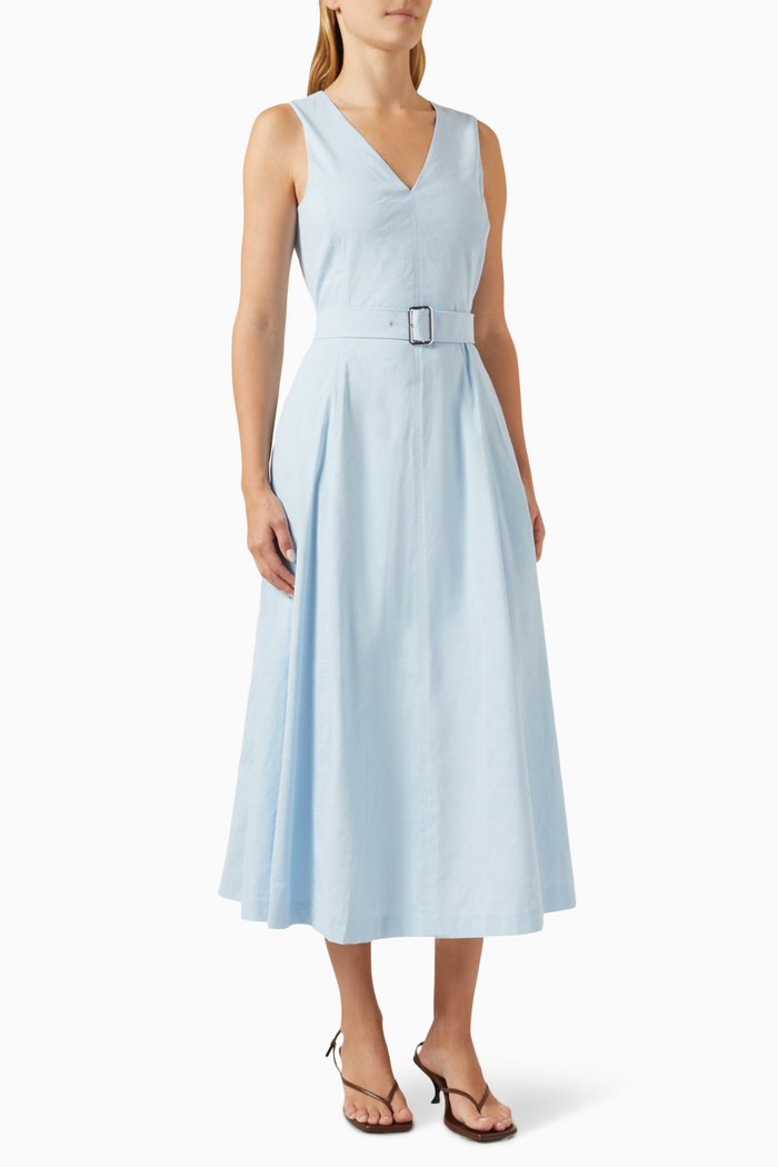 

Volume V-neck Midi Dress in Linen Blend, Blue