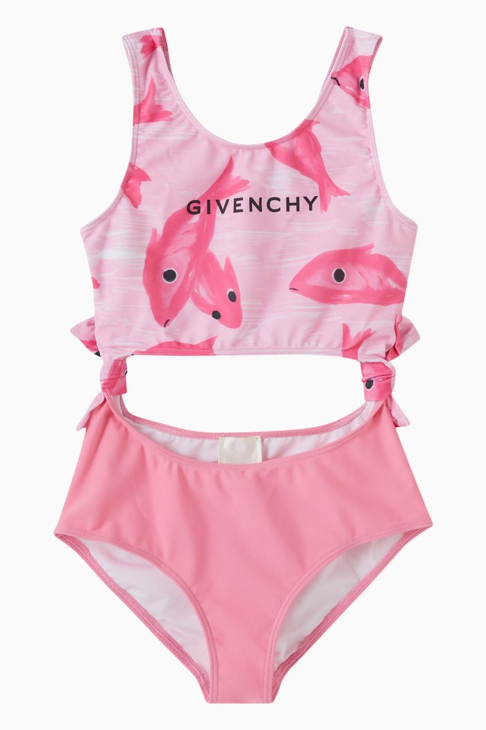 

Fish Graphic Logo Print Swimsuit in Stretch Nylon, Pink