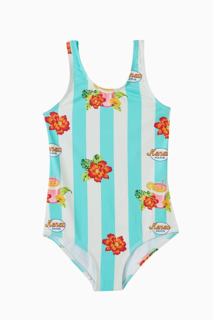 

Striped Floral Swimsuit in Stretch Nylon, Blue