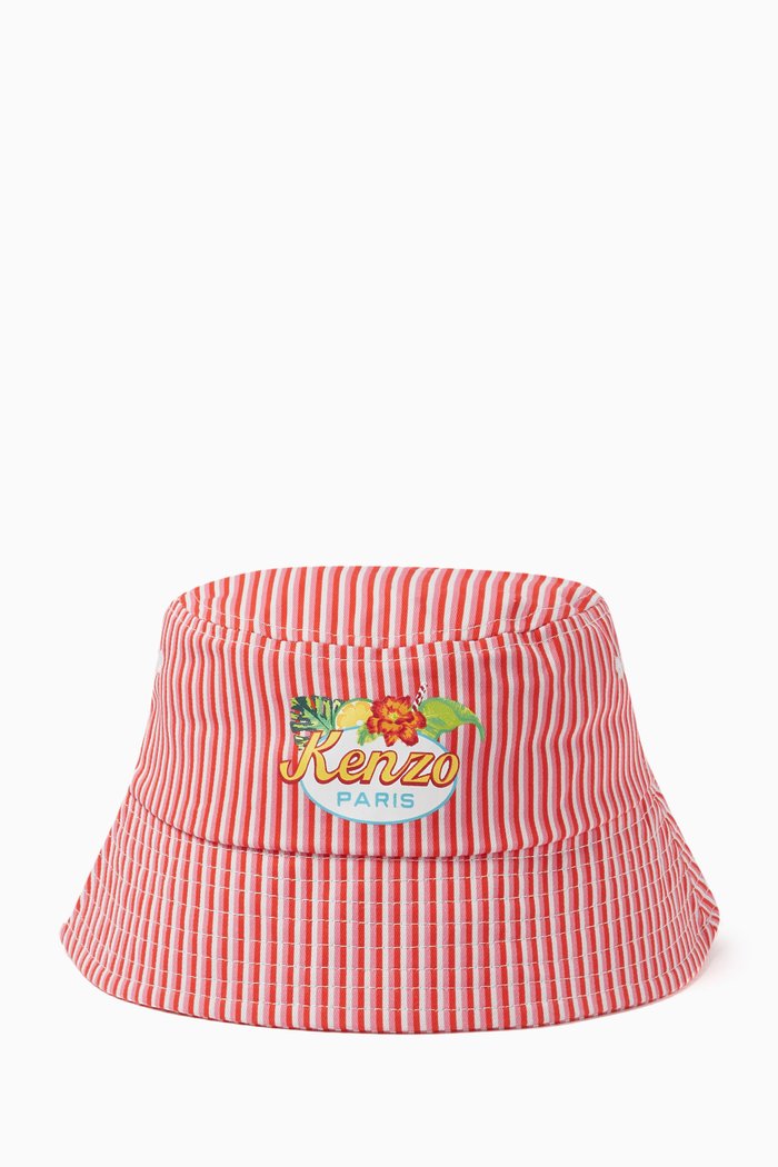 

Logo Striped Bucket Hat in Cotton, Red