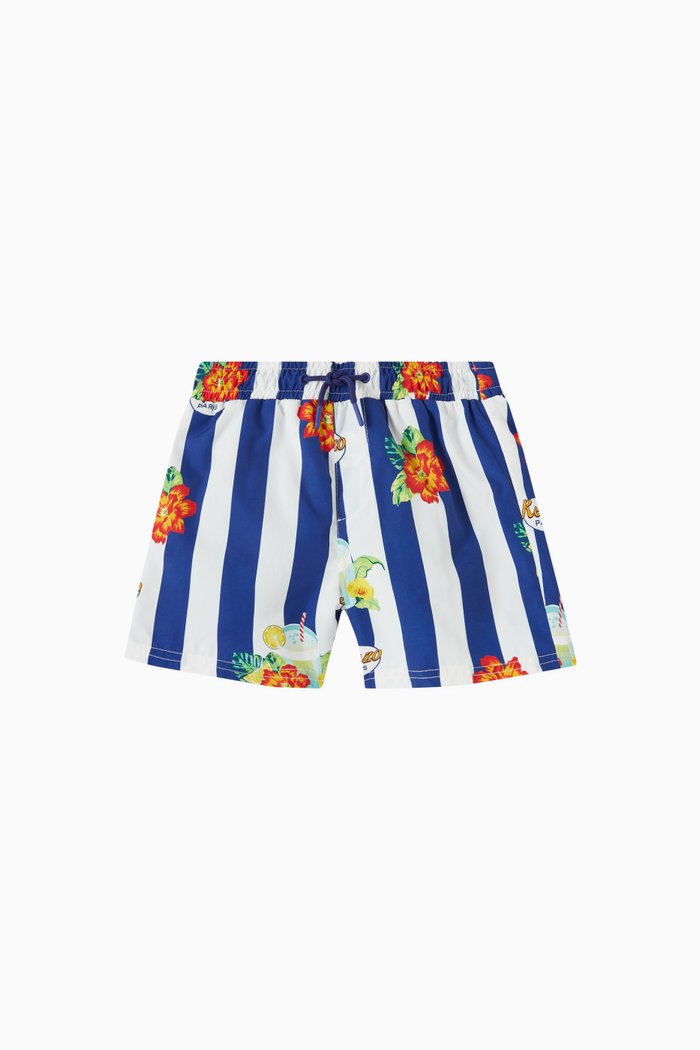 Striped Floral Swim Shorts in Nylon, Blue