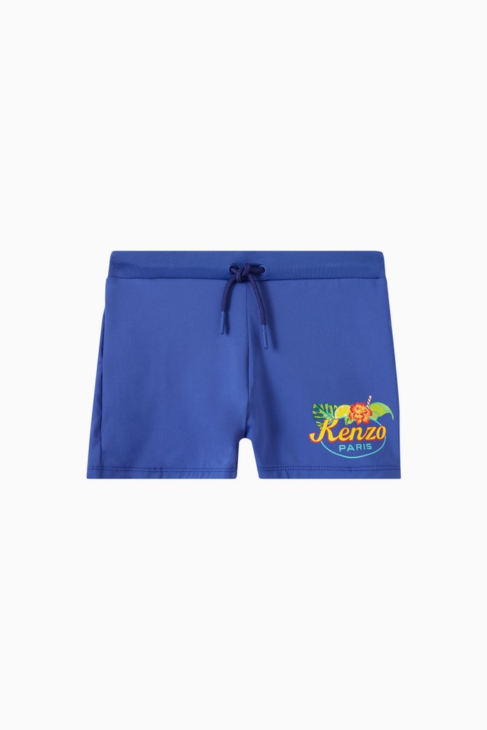 Graphic Logo Print Swim Trunks in Stretch Nylon, Blue