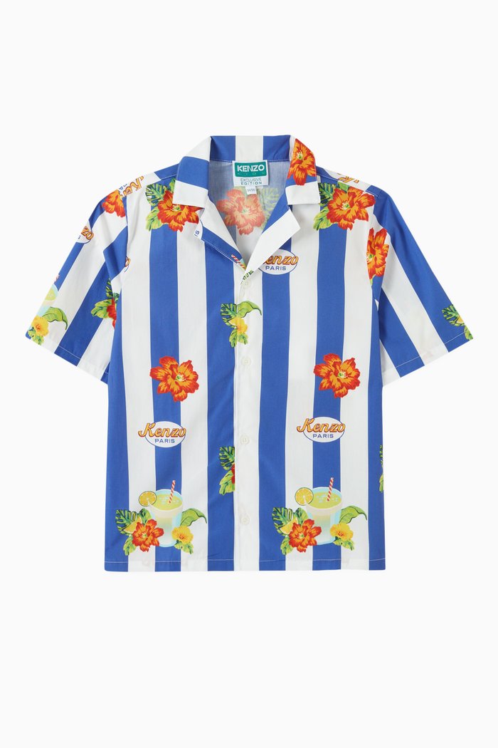 Striped Floral Shirt in Cotton Poplin, Blue