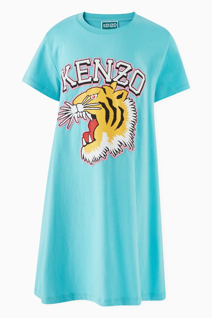 

Tiger Head Print Dress in Organic Cotton, Blue