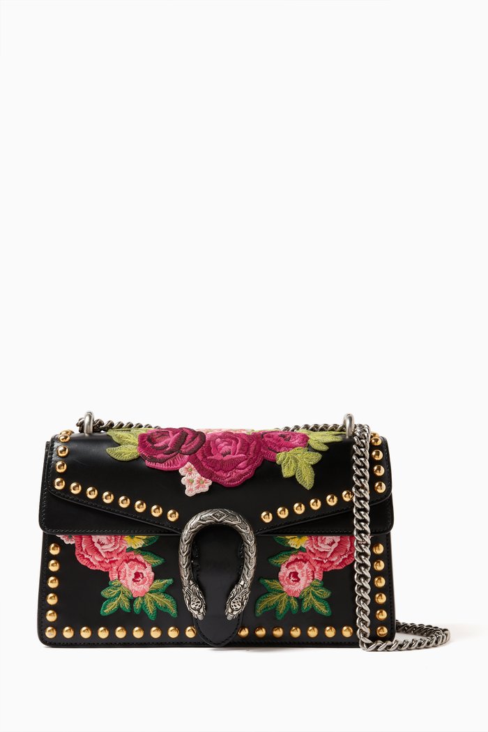 

Small Floral-embroidered Dionysus Shoulder Bag in Leather, Black