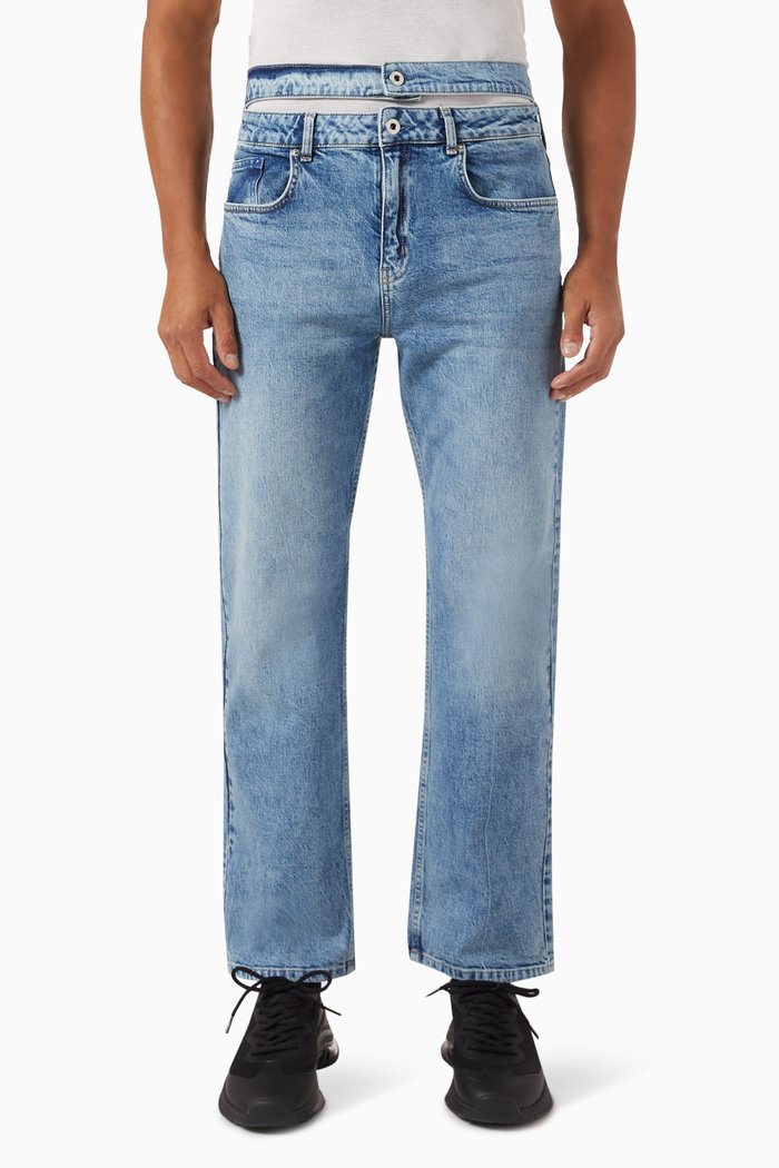 

High-waisted Straight Jeans in Cotton Denim, Blue