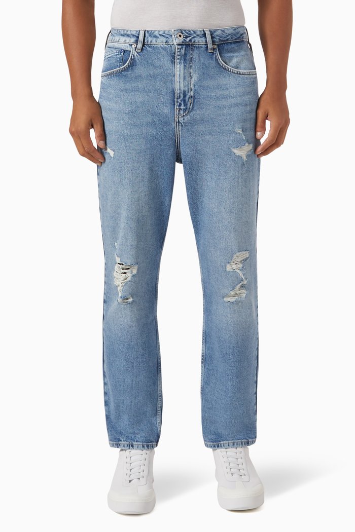 

Distressed Tapered Jeans in Denim, Blue