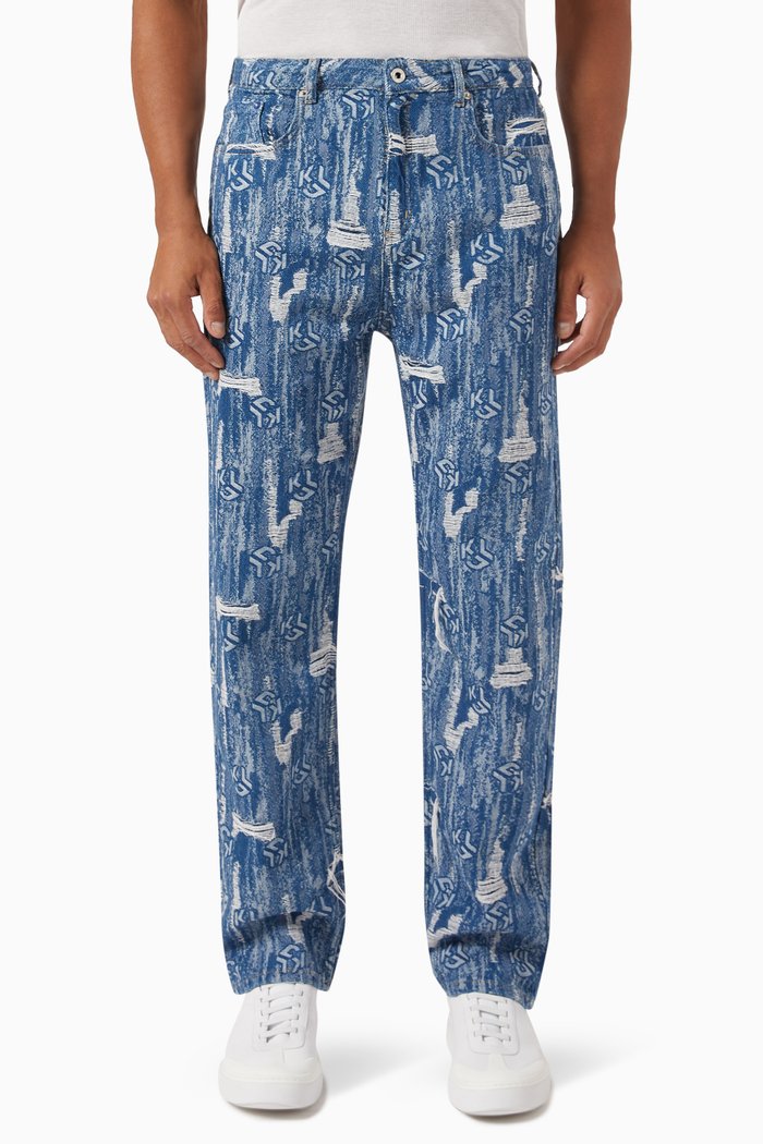 

Monogram Distressed High-rise Jeans in Cotton Denim, Blue