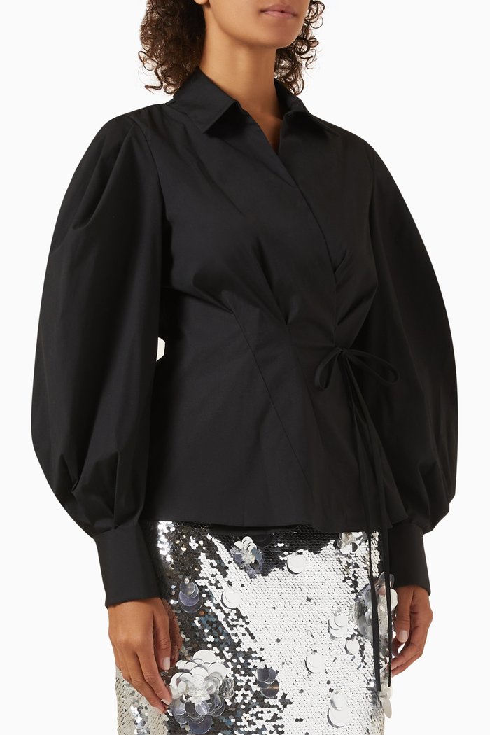 

Puff-sleeve Wrap Top in Cotton-blend, Black
