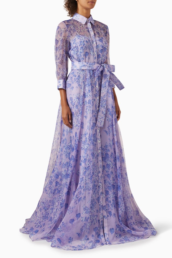 

Floral-print Trench Gown in Silk-organza, Purple