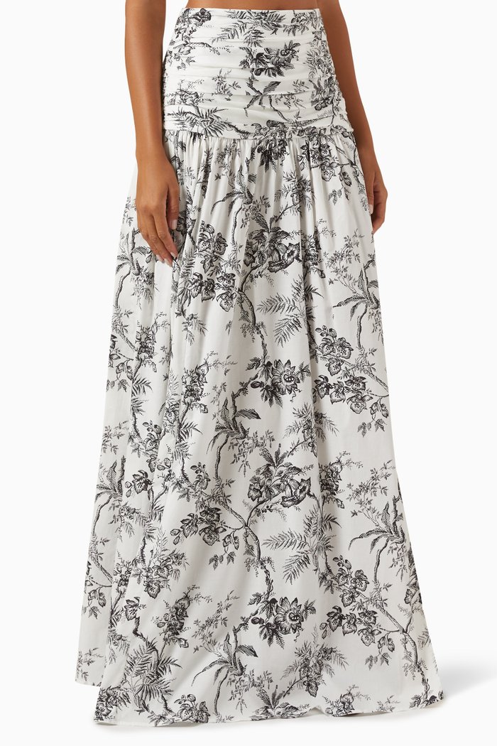 

Botanical Toile-print Gathered Maxi Skirt in Cotton-voile, Multicolour