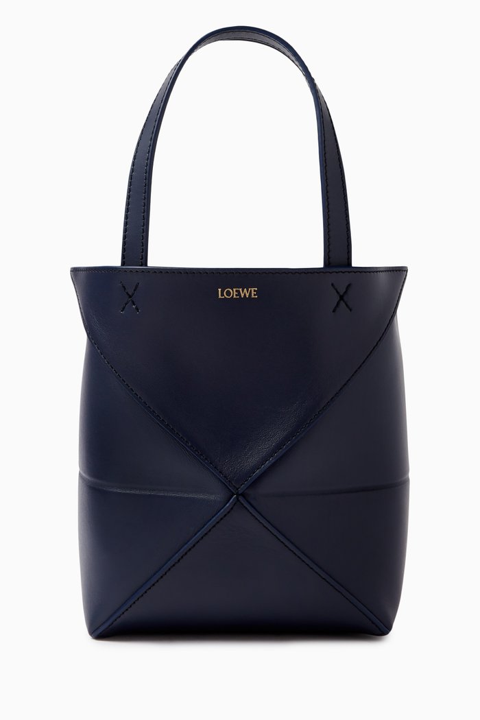

Mini Puzzle Fold Tote Bag in Shiny Calfskin, Blue