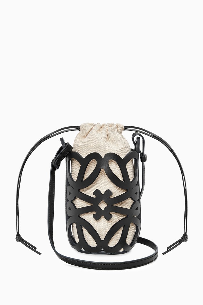 

Anagram Cut-out Crossbody Bag in Calfskin & Canvas, Black
