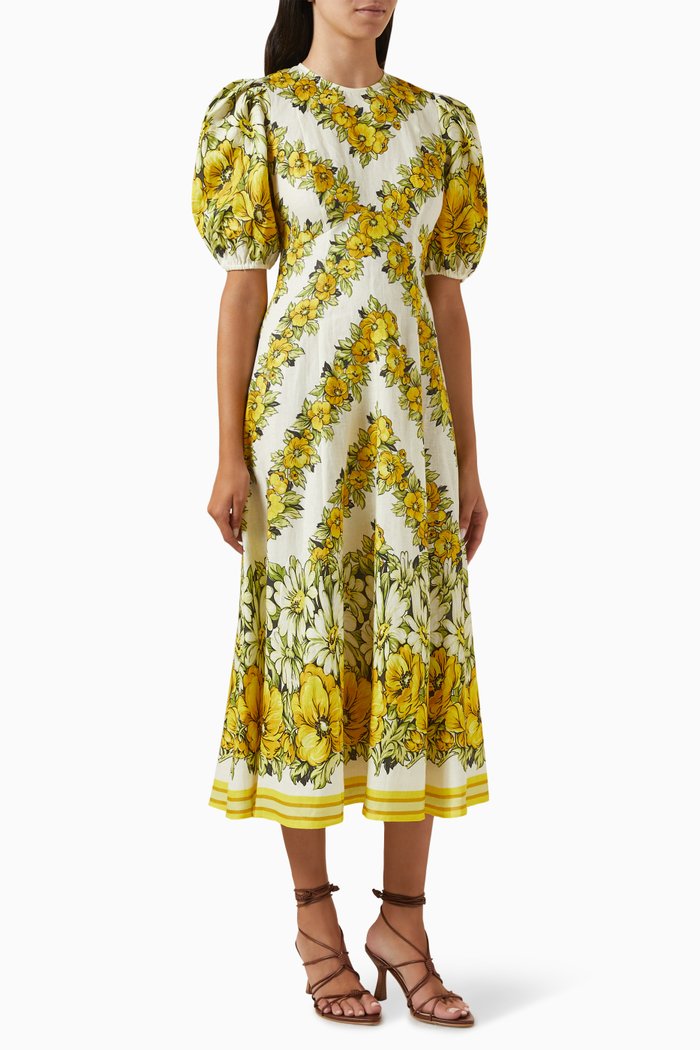 

Gisela Printed Midi Dress in Linen, Yellow