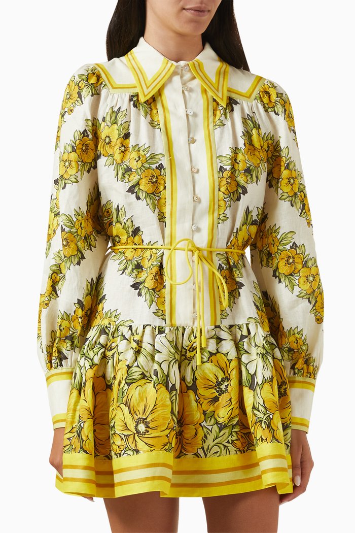 Gisela Tie-up Mini Dress in Linen, Yellow