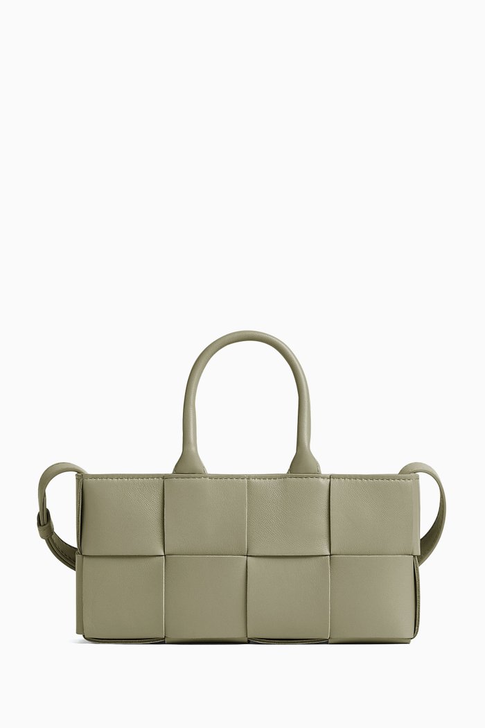 

Mini East-West Arco Tote Bag in Intreccio Leather, Green