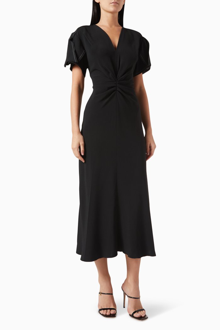 

Gathered V-Neck Midi Dress in Viscose Blend, Black