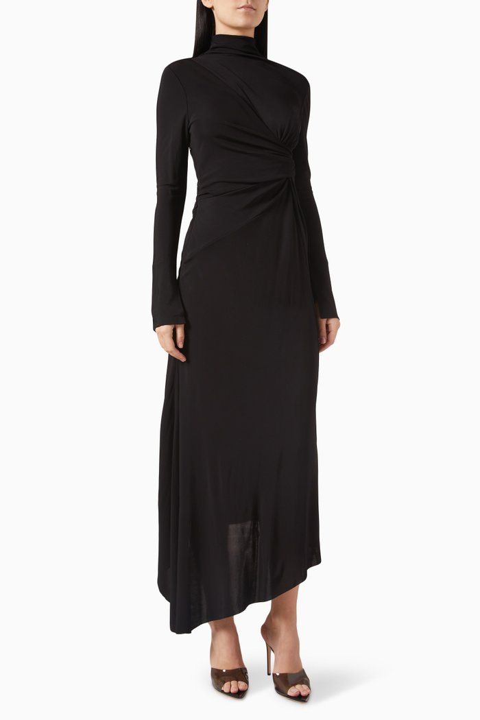 

High-neck Draped Midi Dress in Rayon, Black