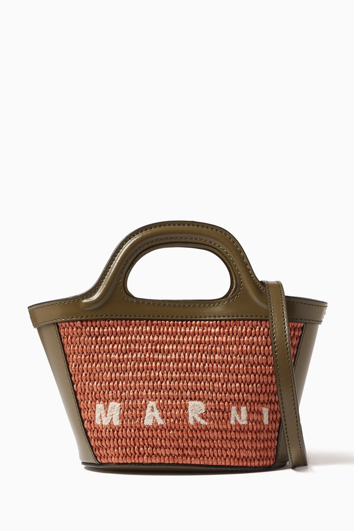 

Micro Tropicalia Tote Bag in Leather & Raffia-effect Fabric, Green