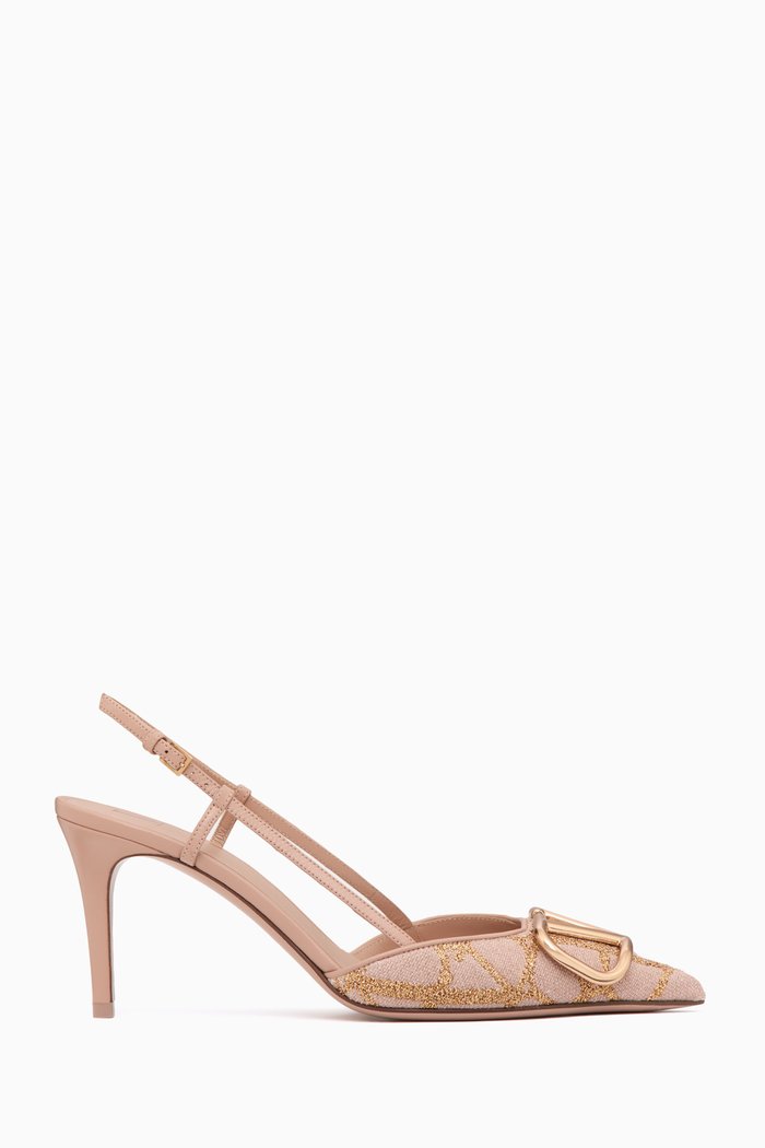 Valentino Garavani VLOGO Slingback Pumps in Toile Iconographe & Leather, Neutral