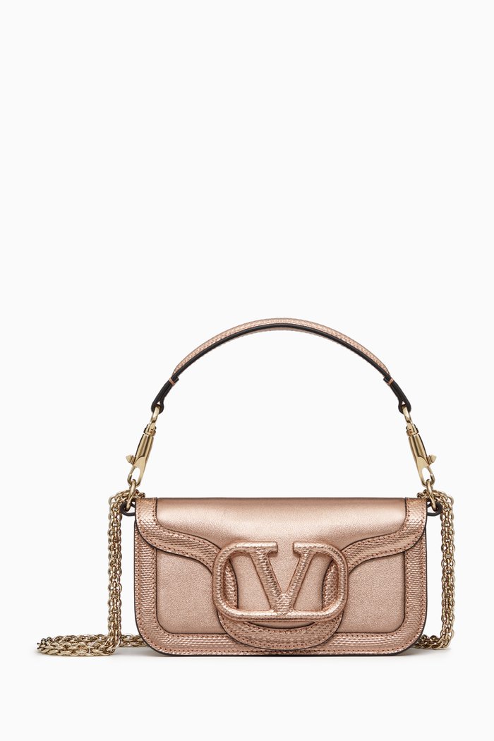 

Valentino Garavani Small Loco Flap-over Shoulder Bag in Metallic Leather, Neutral