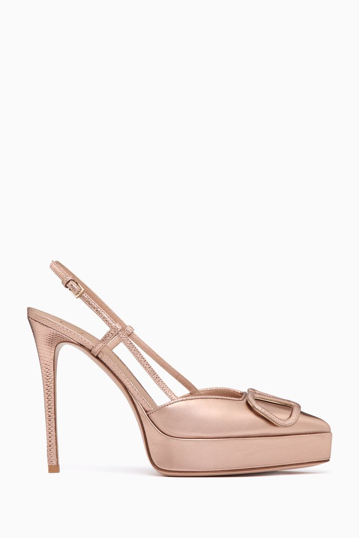 

Valentino Garavani VLogo 120 Slingback Platform Pumps in Metallic Leather, Neutral