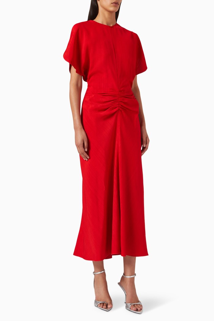 

Gathered-waist Midi Dress in Viscose, Red