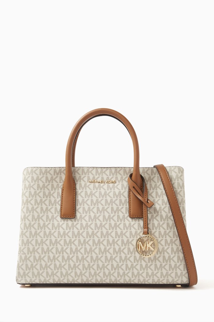 

Small Ruthie Signature Logo Satchel Bag in Canvas, Neutral