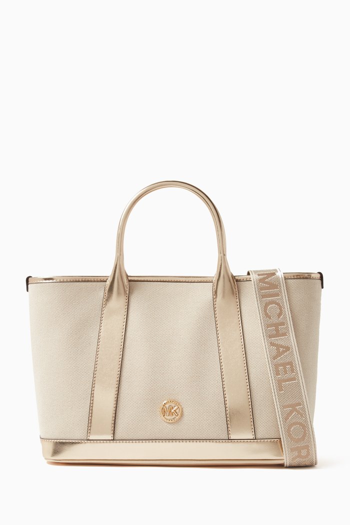 Medium Luisa Satchel Bag in Cotton Canvas, Gold