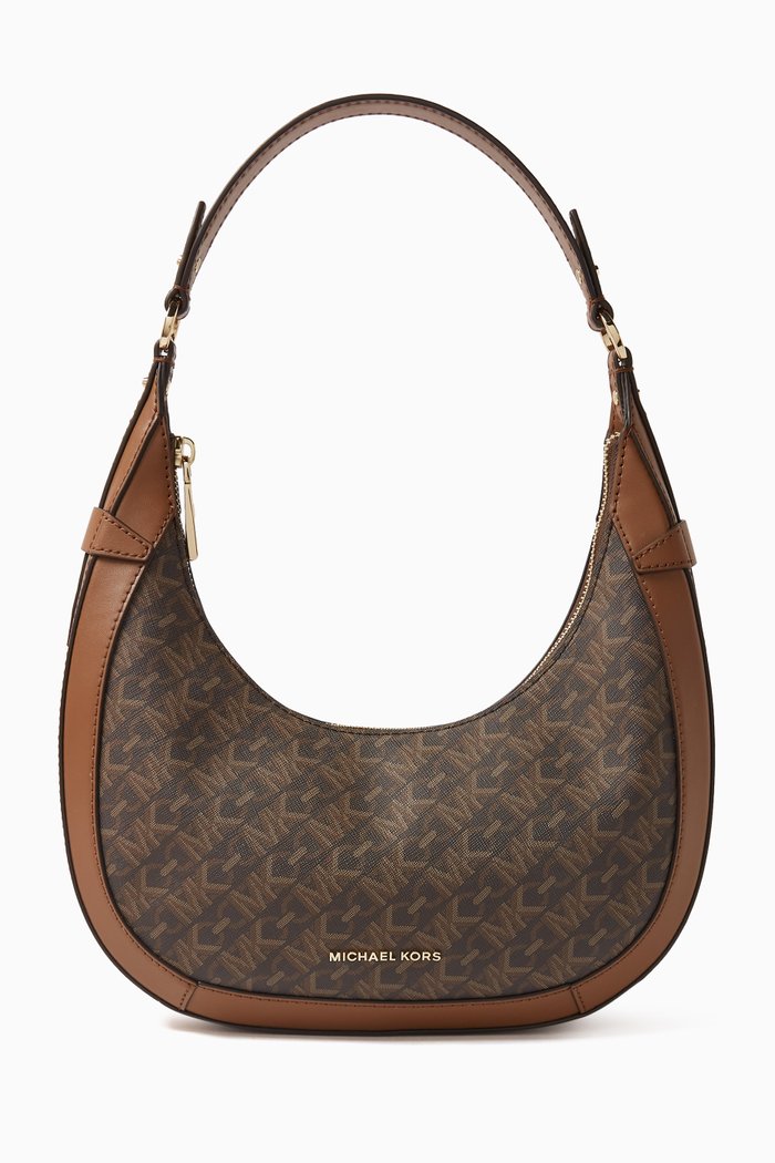 Crescent Monogram Shoulder Bag in Calf Leather, Brown