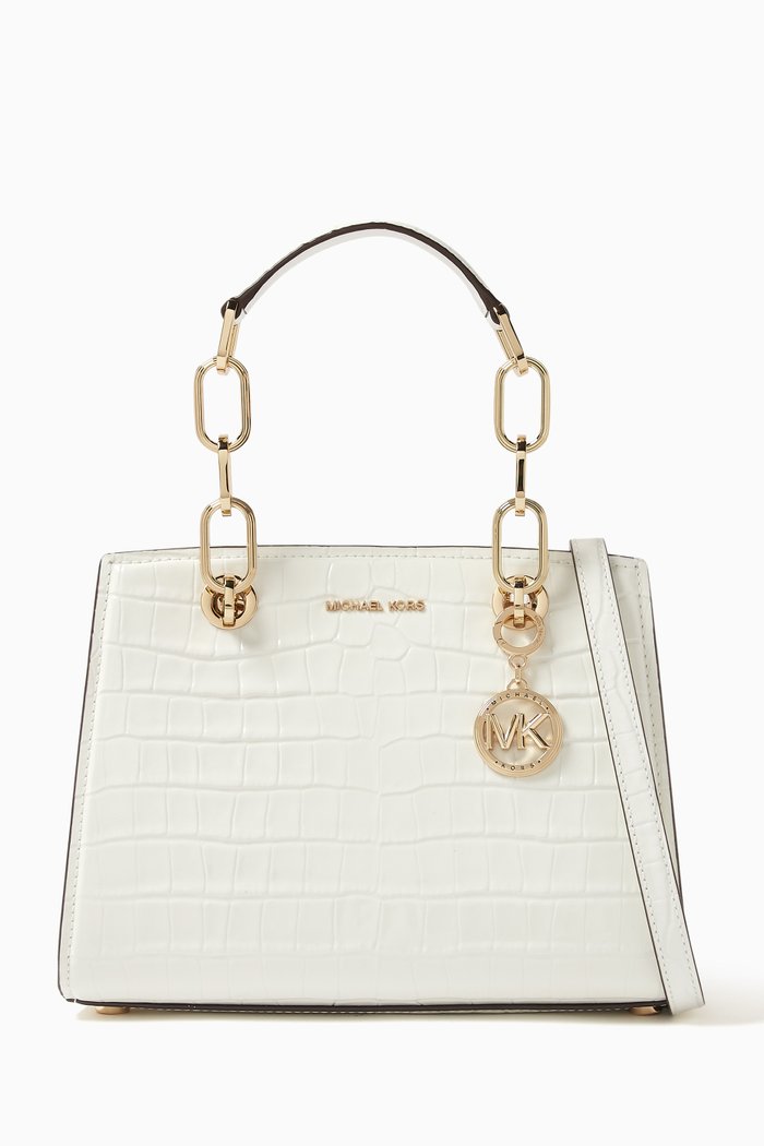 

Small Cynthia Satchel Bag in Croc-embossed Leather, White
